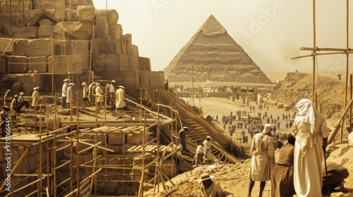 Amidst the majestic pyramids of Egypt, workers construct ancient structures, their silhouettes awash in golden light, capturing the essence of ancient engineering.