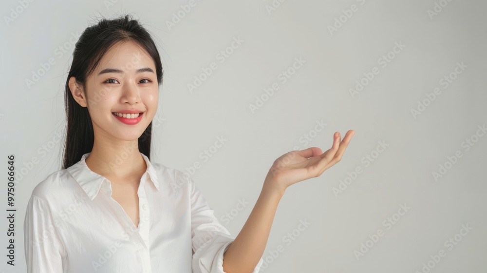 A cheerful woman in a white shirt gestures invitingly with her hand, set against a plain background, exuding positivity and friendliness. A cheerful woman in a white shirt gestures invitingly with her hand, set against a plain background, exuding positivity and friendliness.