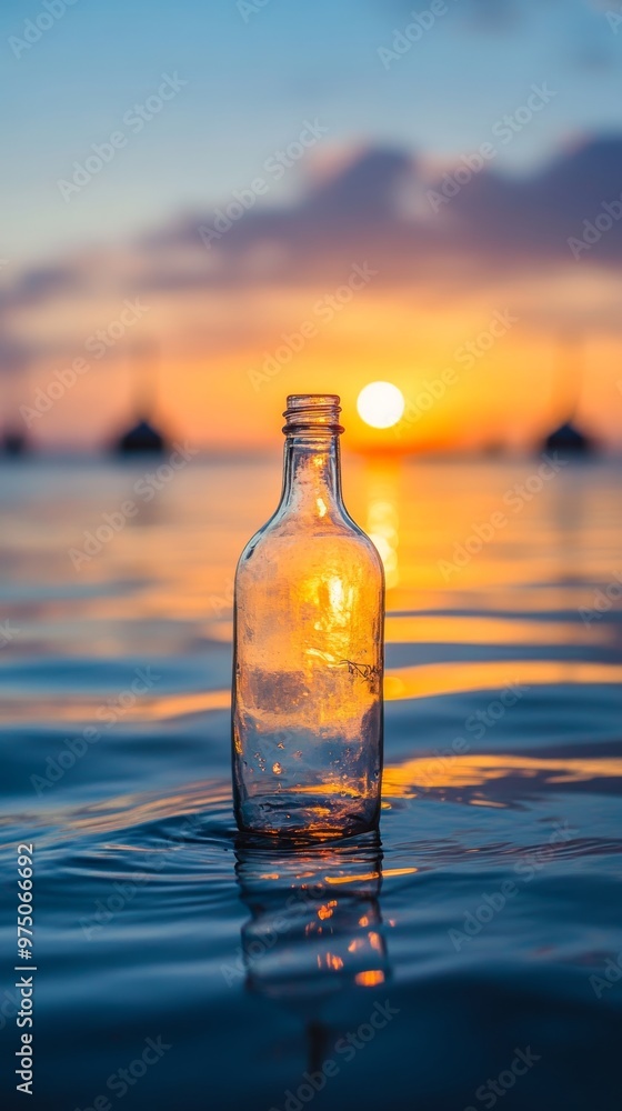 Glass bottle floating in ocean at sunset, peaceful nature concept Glass bottle floating in ocean at sunset, peaceful nature concept