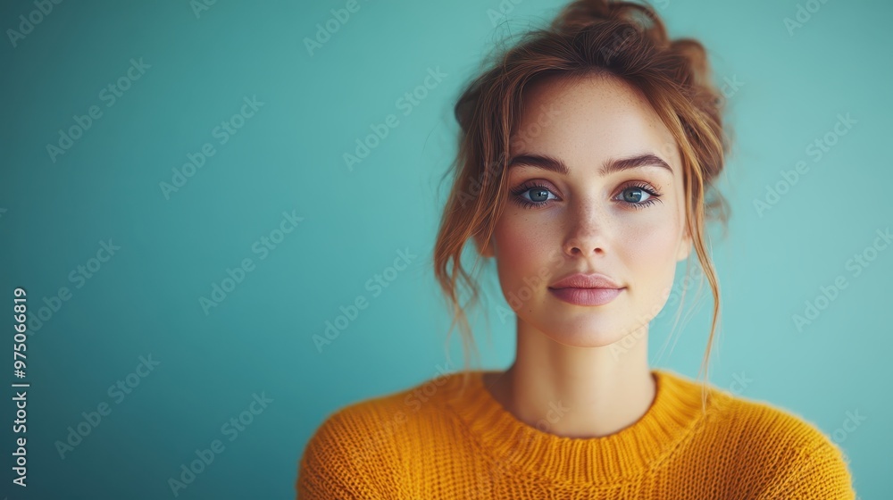 A close-up portrait of a young woman wearing a vibrant yellow sweater with her hair tied in a bun, set against a teal background, displaying serene confidence.
