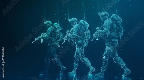 Holographic soldiers, outlined in blue light, advance in cold, snowy conditions with determination and precision. photo