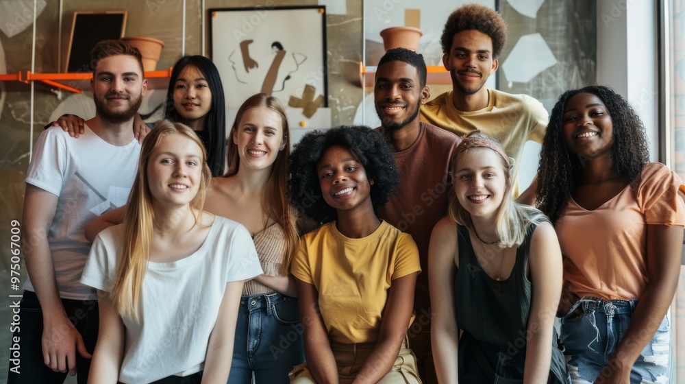 Fototapeta premium A diverse group of friends poses happily together indoors, radiating warmth and unity in a casual setting.