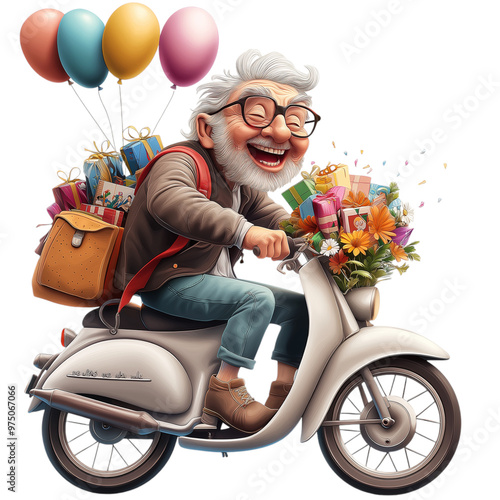 Funny old man with gray hair and glasses riding a bike on a transparent background. Perfect for humorous content, senior lifestyle themes, or active aging campaigns. Concept of fun, vitality