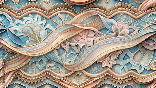 Seamless sophisticated decorative art featuring flowing ribbons, intricate lace, and floral designs in soft pastel tones