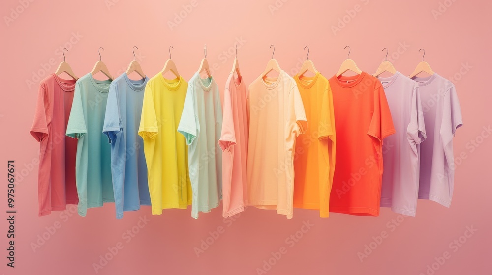 Eleven t-shirts in an array of pastel colors hanging on wooden hangers, set against a soft pink background for a fashion-forward presentation. Eleven t-shirts in an array of pastel colors hanging on wooden hangers, set against a soft pink background for a fashion-forward presentation.