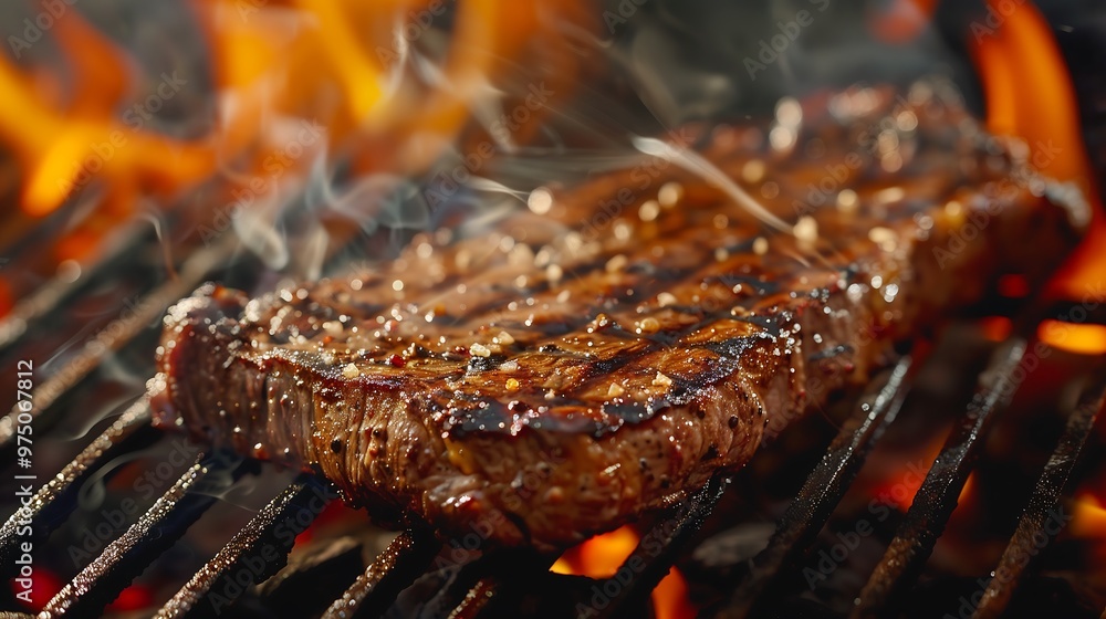 Close up of a juicy steak grilling over a hot fire on a grill. Close up of a juicy steak grilling over a hot fire on a grill.
