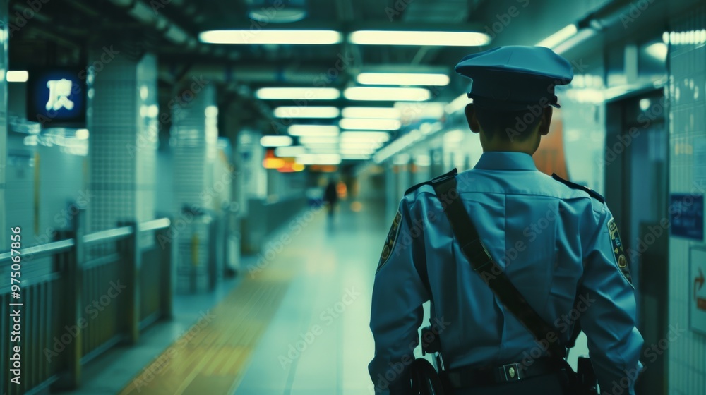 A lone security guard patrols the brightly lit, empty corridors of an underground subway station, adding a sense of vigilance and solitude. A lone security guard patrols the brightly lit, empty corridors of an underground subway station, adding a sense of vigilance and solitude.