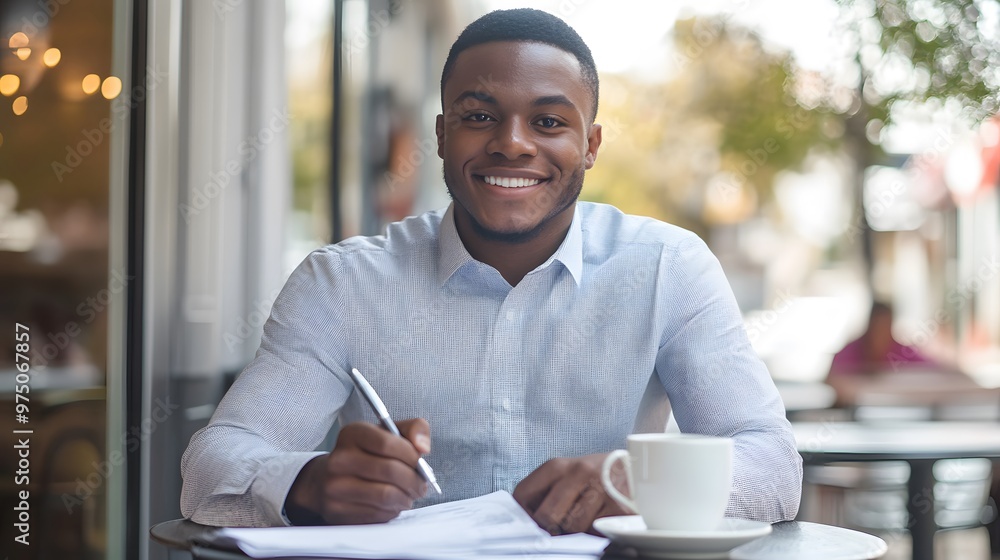 Obraz premium Smiling Man Signing Paperwork at Outdoor Cafe