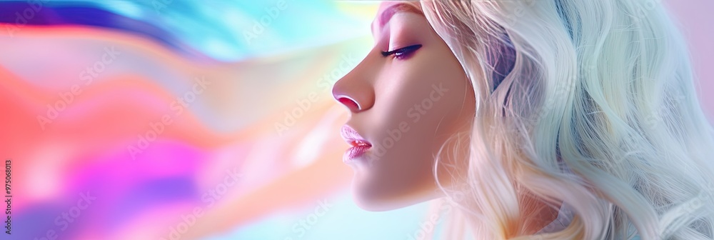 Fashion wide banner for advertisement, model profile with gradient colorful background Fashion wide banner for advertisement, model profile with gradient colorful background