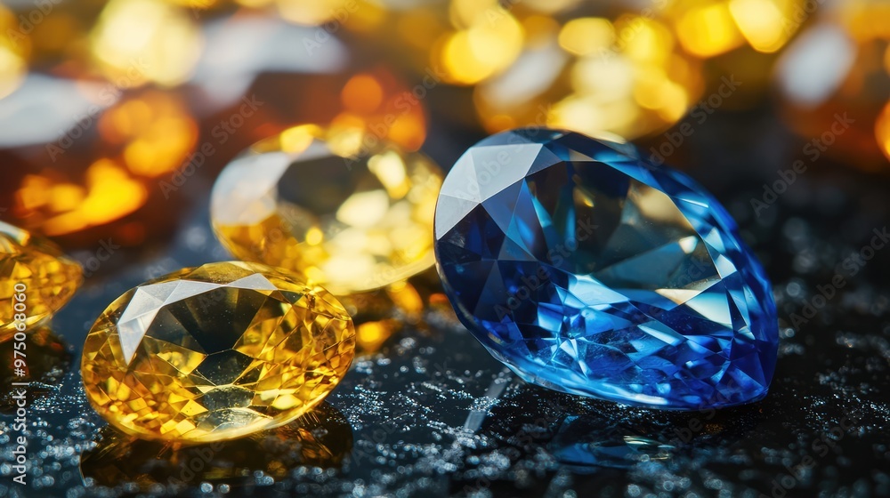 Sapphire and Yellow Gemstones on Black Surface. AI generated illustration Sapphire and Yellow Gemstones on Black Surface. AI generated illustration