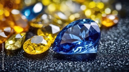 Sapphire and Yellow Gemstones on Black Surface. AI generated illustration photo