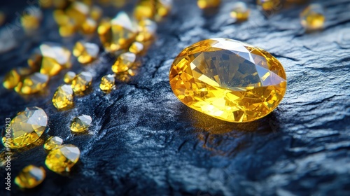 Sapphire and Yellow Gemstones on Black Surface. AI generated illustration photo