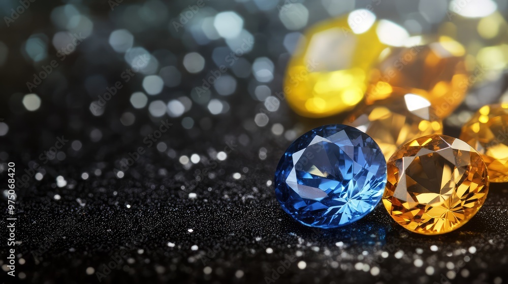 Sapphire and Yellow Gemstones on Black Surface. AI generated illustration Sapphire and Yellow Gemstones on Black Surface. AI generated illustration