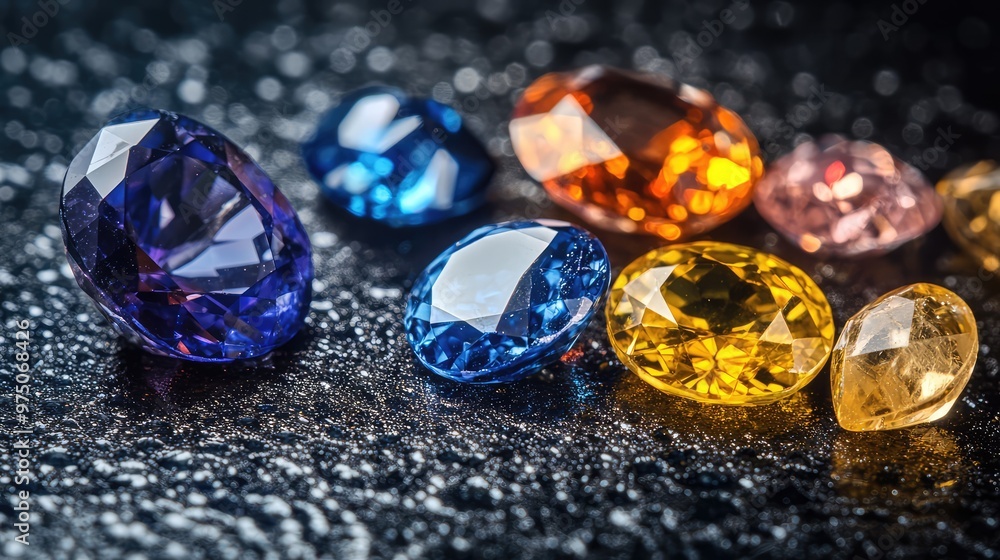 Sapphire and Yellow Gemstones on Black Surface. AI generated illustration Sapphire and Yellow Gemstones on Black Surface. AI generated illustration