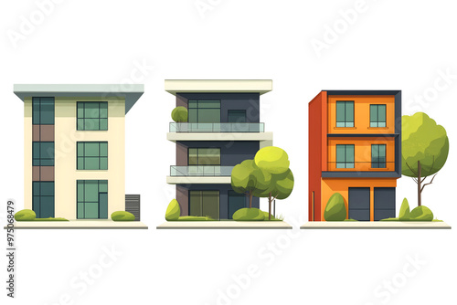 illustration of modern apartments with trees isolated png transparent background