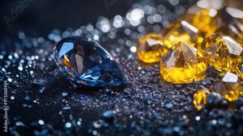 Sapphire and Yellow Gemstones on Black Surface. AI generated illustration photo