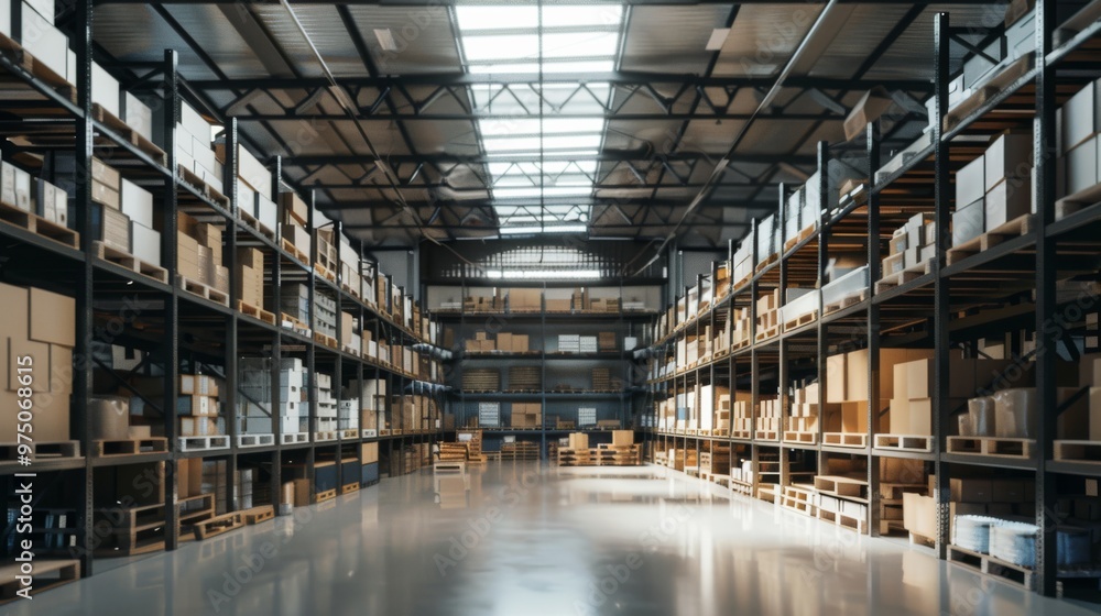 A spacious warehouse with high ceilings is organized with shelves full of boxes, illuminated by large windows that let in natural light, emphasizing the vastness. A spacious warehouse with high ceilings is organized with shelves full of boxes, illuminated by large windows that let in natural light, emphasizing the vastness.