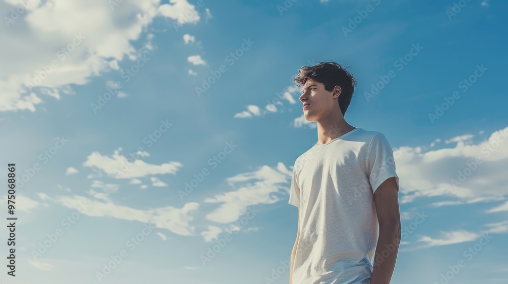 Young man gazing into the distance under a clear blue sky with scattered clouds, capturing a sense of exploration and hope. Young man gazing into the distance under a clear blue sky with scattered clouds, capturing a sense of exploration and hope.