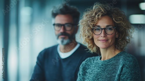 A woman with curly hair and glasses stands indoors, facing the camera with a gentle smile, creating a warm and inviting atmosphere as sunlight filters through.