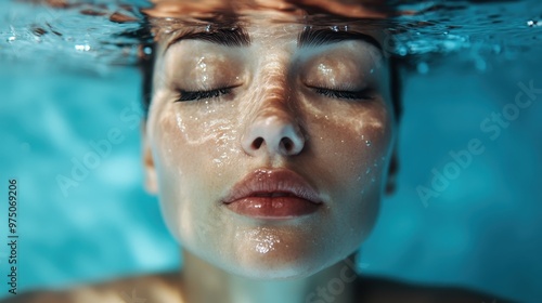 A close-up of a woman's serene face underwater, her eyes gently shut, creating an ambiance of calmness and introspective peace amidst gentle motion and reflections.