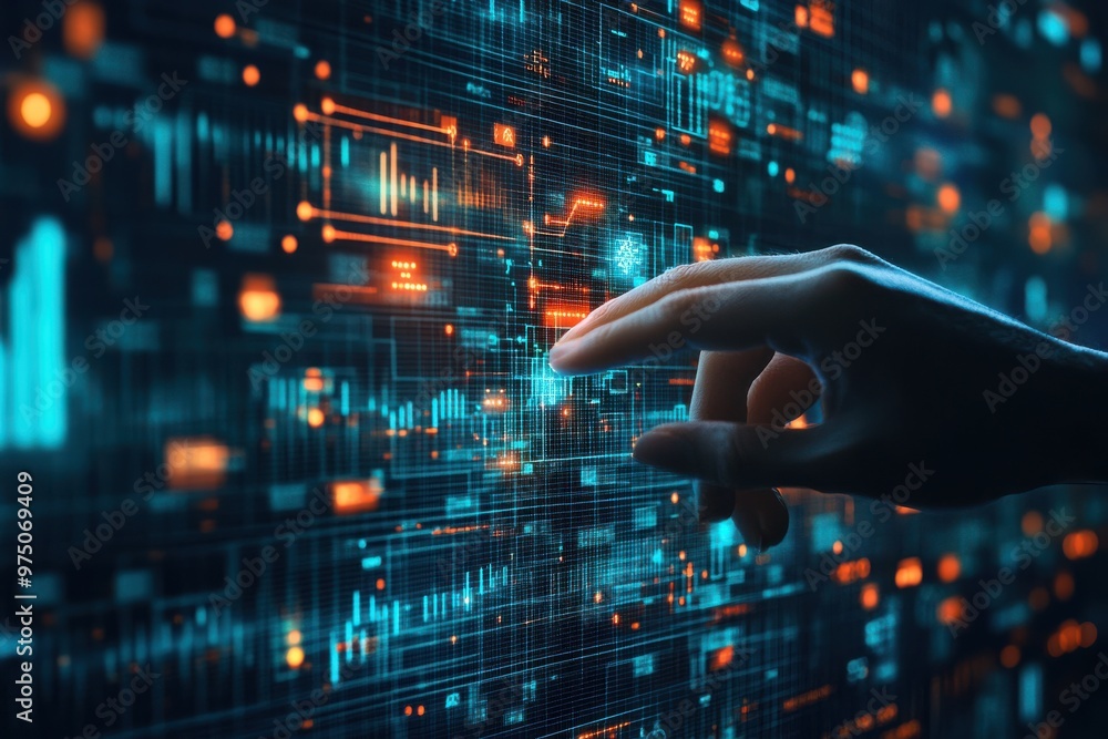 Hand reaching towards a futuristic holographic data screen with graphs and global maps depicting advanced technology and digital analysis Hand reaching towards a futuristic holographic data screen with graphs and global maps depicting advanced technology and digital analysis