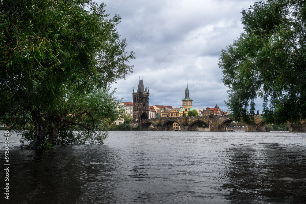 View of Charles bridge from Lesser town during the flood in September 2024 View of Charles bridge from Lesser town during the flood in September 2024