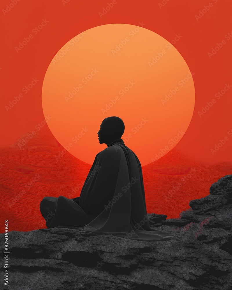 Solitary figure meditating against vibrant orange backdrop with minimalist mountains and sun. Solitary figure meditating against vibrant orange backdrop with minimalist mountains and sun.