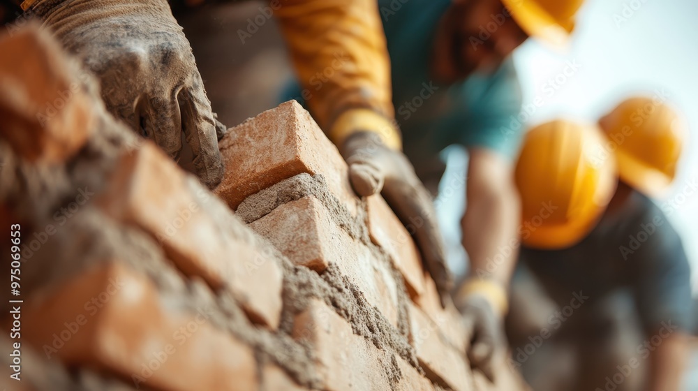 A team of construction workers in hard hats collaborates to build a brick wall, demonstrating teamwork, coordination, and the combined effort needed in construction projects. A team of construction workers in hard hats collaborates to build a brick wall, demonstrating teamwork, coordination, and the combined effort needed in construction projects.