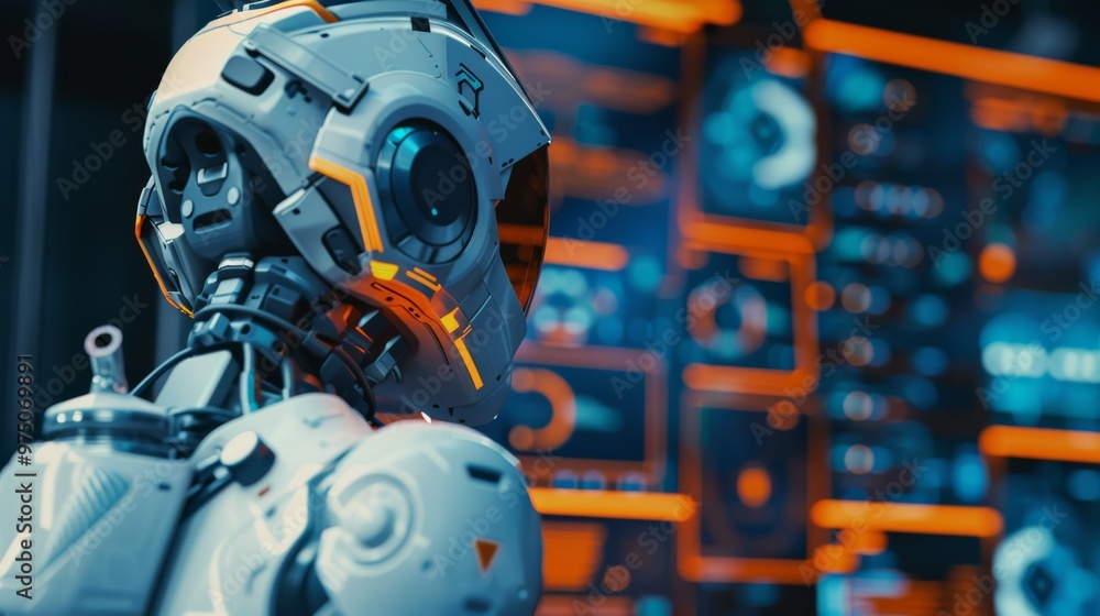 Fototapeta premium A futuristic robot with illuminated blue and orange accents stands in front of a complex, data-filled interface pulsating with information.