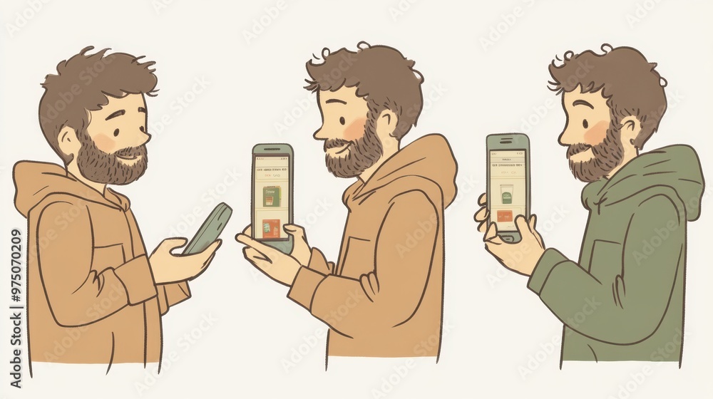 Hand-drawn illustration of a young man using a smartphone, showcasing different outfits and expressions in a casual and stylish manner Hand-drawn illustration of a young man using a smartphone, showcasing different outfits and expressions in a casual and stylish manner