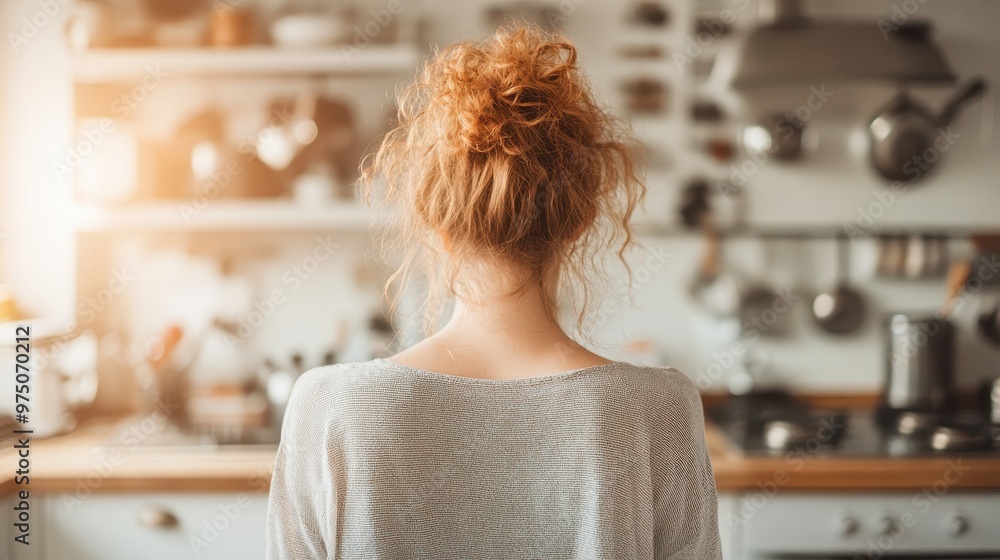 A red-haired woman stands in a warm, naturally lit kitchen with her back to the camera, surrounded by hanging utensils and contemporary kitchenware, evoking a cozy atmosphere.