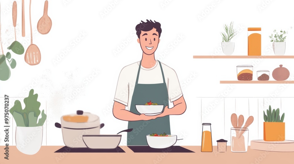 Illustration of a young man cooking in a kitchen with fresh vegetables and herbs, preparing a healthy meal while enjoying the culinary process Illustration of a young man cooking in a kitchen with fresh vegetables and herbs, preparing a healthy meal while enjoying the culinary process