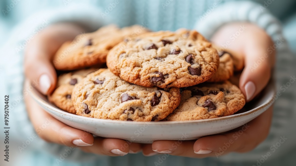 Hands in a cozy sweater holding a plate of delicious chocolate chip cookies, capturing the essence of comfort, warmth, and homemade goodness, perfect for culinary visuals. Hands in a cozy sweater holding a plate of delicious chocolate chip cookies, capturing the essence of comfort, warmth, and homemade goodness, perfect for culinary visuals.