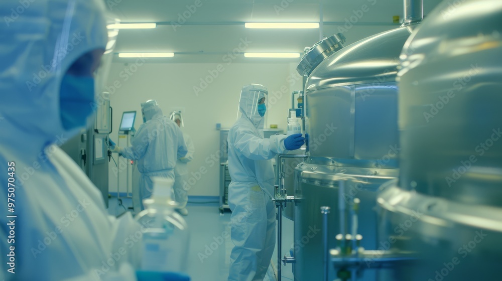 Scientists in full protective gear work diligently in a high-tech biolab, handling advanced equipment and conducting critical research. Scientists in full protective gear work diligently in a high-tech biolab, handling advanced equipment and conducting critical research.