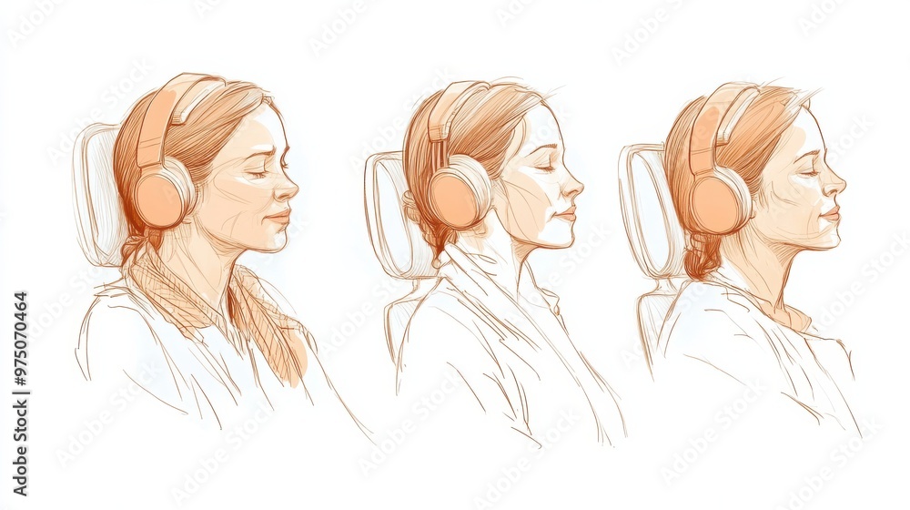 Hand-drawn sequence of a relaxed woman with an orange hairband sitting in a meditative state, depicting calmness and relaxation Hand-drawn sequence of a relaxed woman with an orange hairband sitting in a meditative state, depicting calmness and relaxation