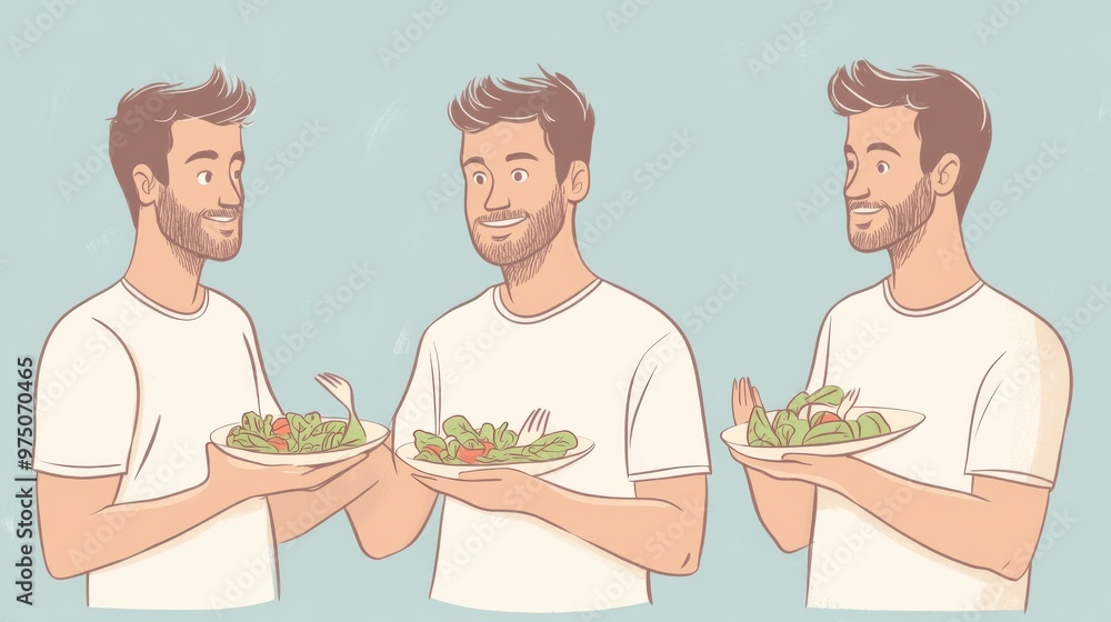 Hand-drawn illustration of a young man eating soup, depicting a sequence of emotions and reflections through different postures and expressions Hand-drawn illustration of a young man eating soup, depicting a sequence of emotions and reflections through different postures and expressions
