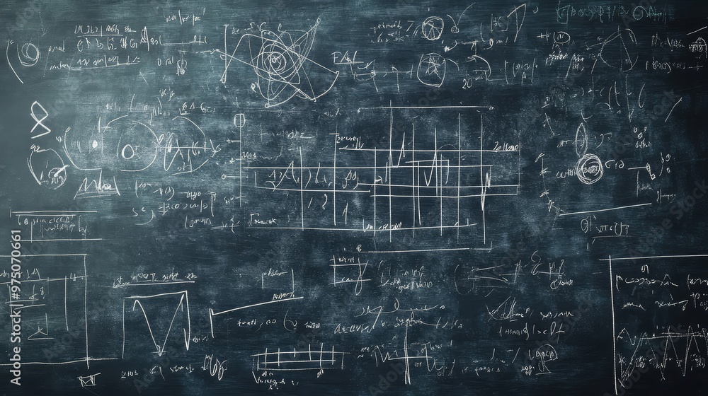 Quantum Physics Formulas Handwritten on Blackboard. AI generated illustration Quantum Physics Formulas Handwritten on Blackboard. AI generated illustration