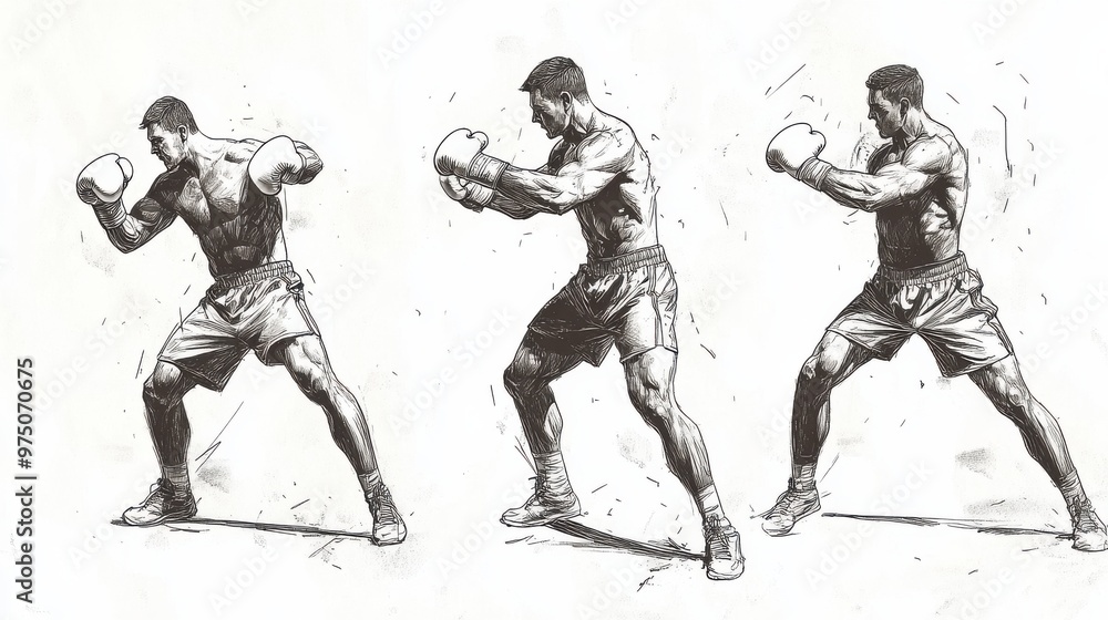 Fototapeta premium Illustrated sequence of a boxer demonstrating a punch technique in three stages, showcasing strength and athleticism with hand-drawn details