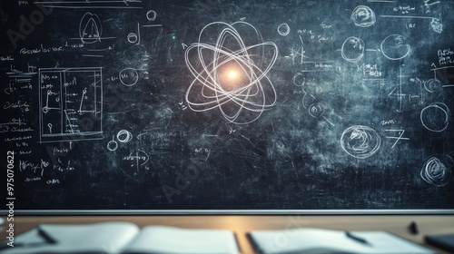 Quantum Physics Formulas Handwritten on Blackboard. AI generated illustration