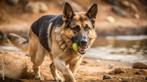 happy German Shepherd playing a tennis ball, Dog sports, happy dog, dog lover