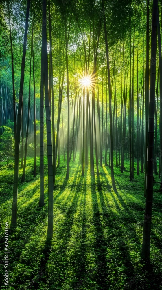 Fototapeta premium Sunlight filtering through a lush bamboo forest, casting long shadows on the forest floor, creating a peaceful and serene nature scene perfect for outdoor and eco-friendly designs.