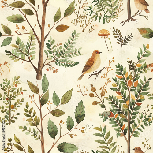 Seamless pattern in eco style for advertising, textile, packaging. Tile, ornament.
Nature theme, nature, landscape, fall
