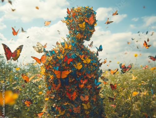 A solitary figure with butterfly wings, entirely comprised of colorful butterflies, stands amidst a picturesque flower field, embodying themes of metamorphosis and harmony. photo