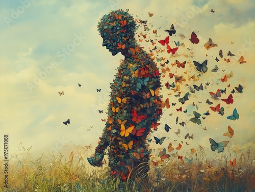 A silhouette formed by flowers stands in a field with butterflies seemingly emerging and flying away, symbolizing transformation and liberation of the human spirit. photo