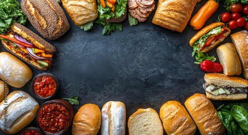 A colorful assortment of burgers and fresh vegetables displayed on a rustic t...