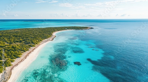 Aerial view of Munjack Cay with turquoise bay and sandy beach in the Bahamas under clear sky. AI generated illustration.