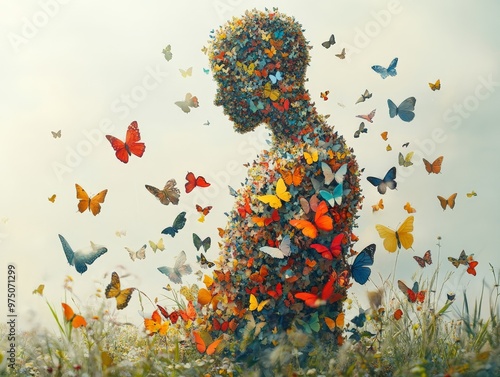 An evocative image of a human-like figure made entirely of butterflies, holding a serene and contemplative posture amongst a vibrant field of flowers, symbolizing harmony and beauty.