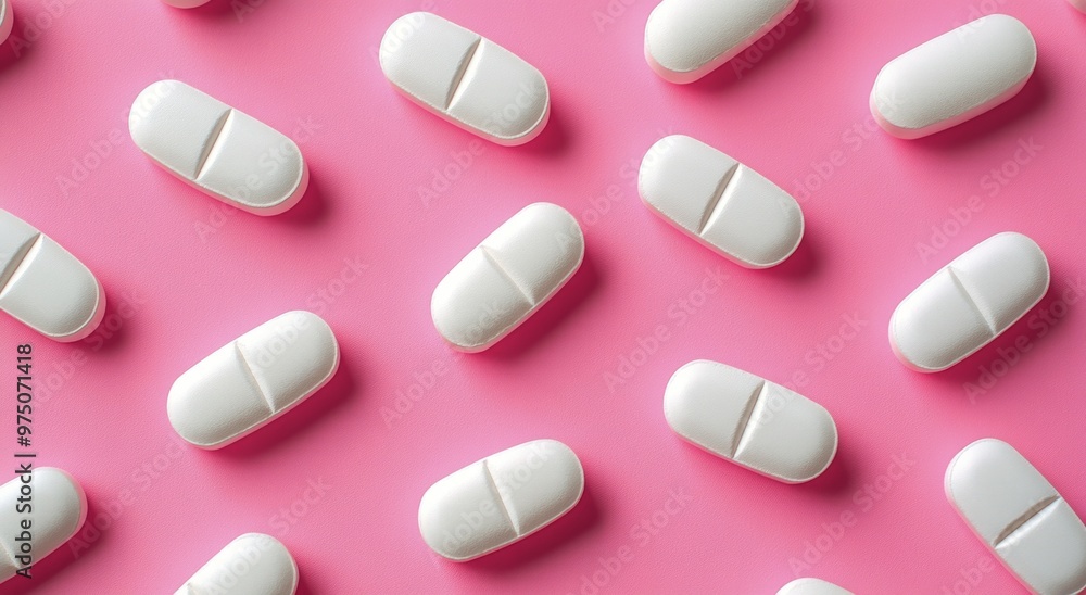 White pills arranged in a pattern on a vibrant pink background showcasing simplicity in design White pills arranged in a pattern on a vibrant pink background showcasing simplicity in design