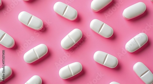 White pills arranged in a pattern on a vibrant pink background showcasing sim...