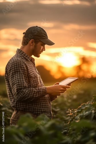 Tecnologia na campo. Produtor rural usando tablet na lavoura